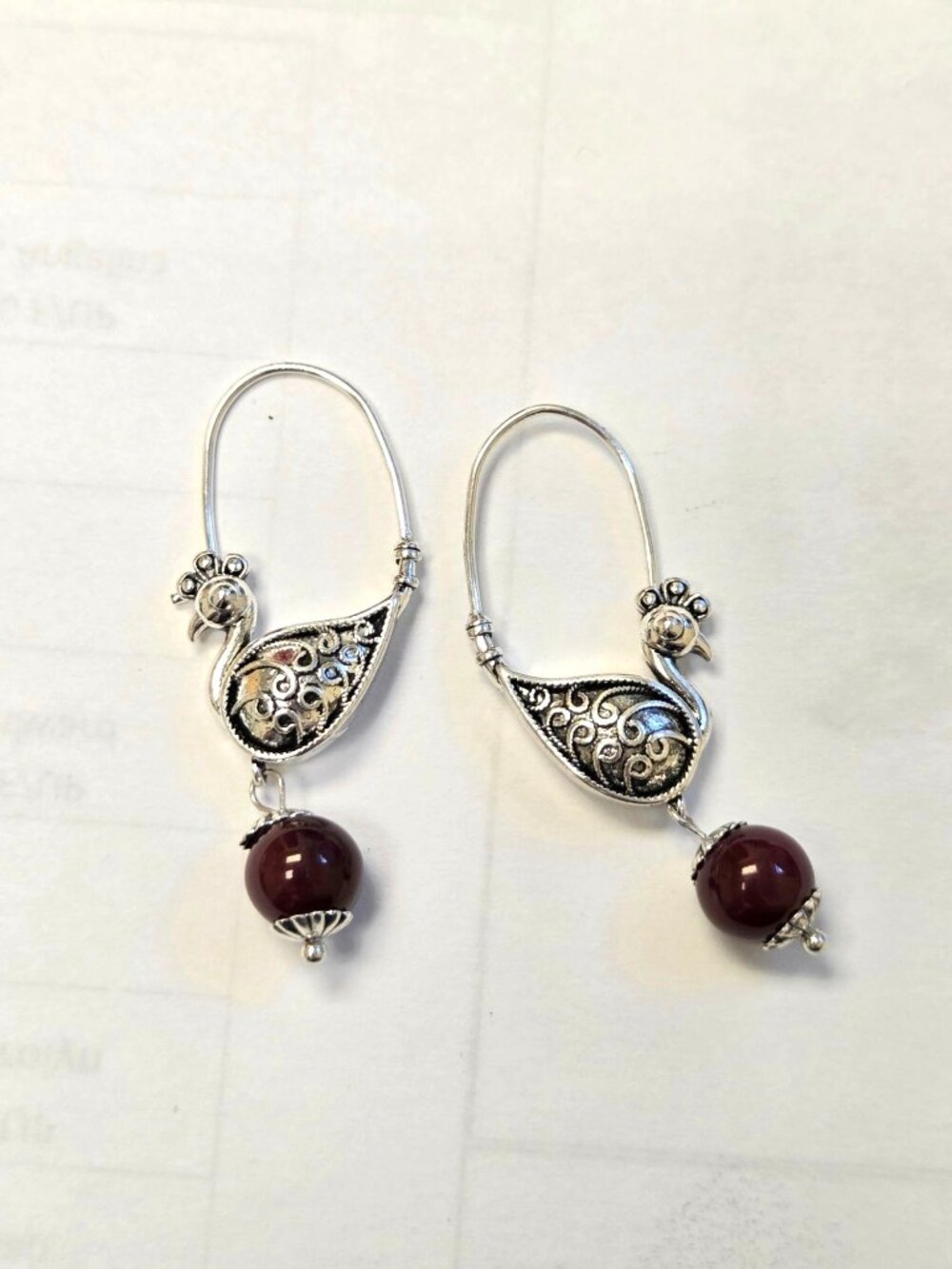 Peacock Design Silver-Toned Earrings With Maroon Beads - Ethnic & Lightweight Je